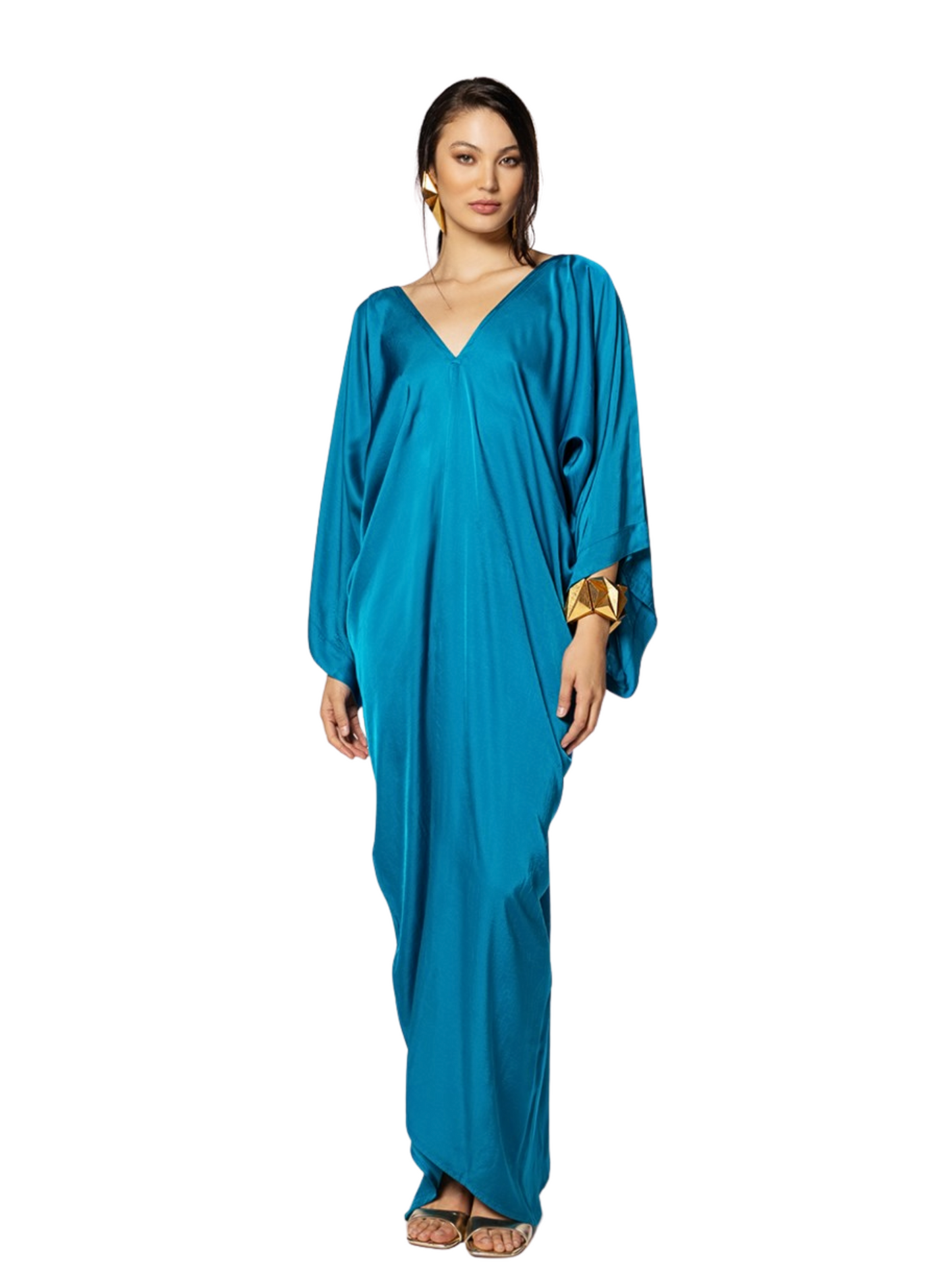 flowing teal-blue caftan-style dress with wide draped sleeves and a deep V-neckline