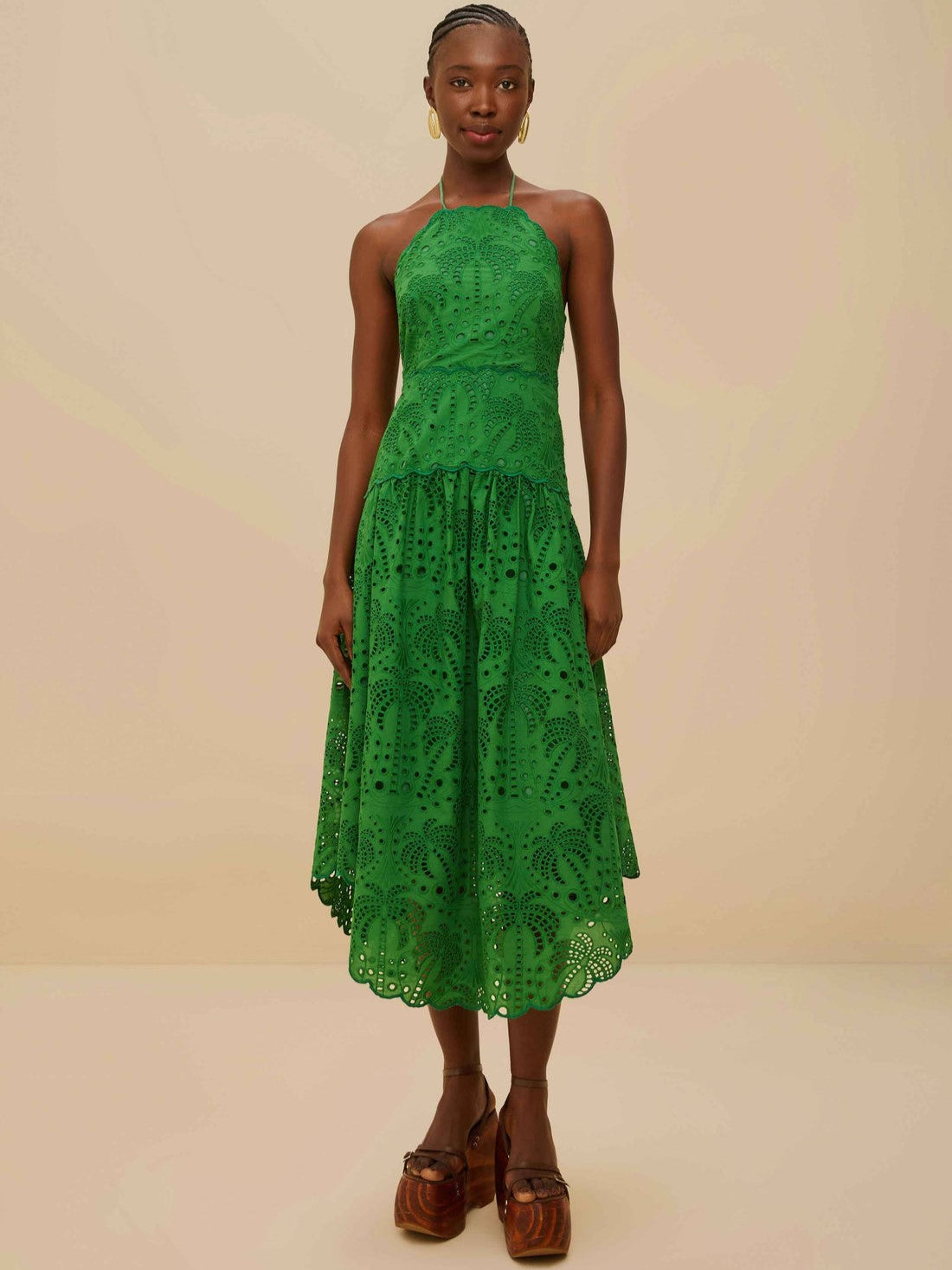 Green Palm Tree Eyelet Midi Dress