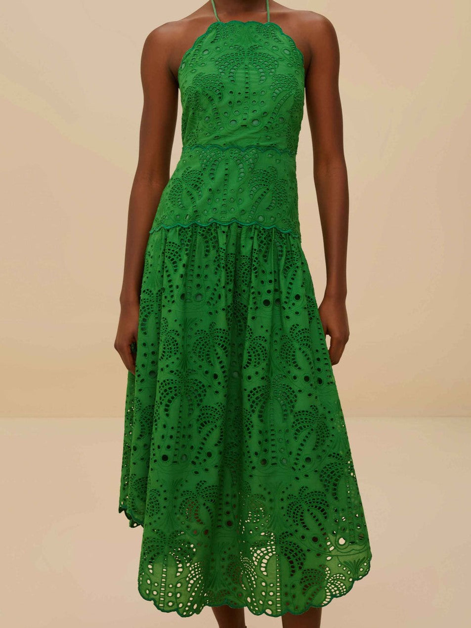 Green Palm Tree Eyelet Midi Dress