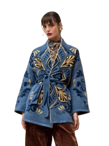 Jacquard Belted Jacket Doric Design Blue