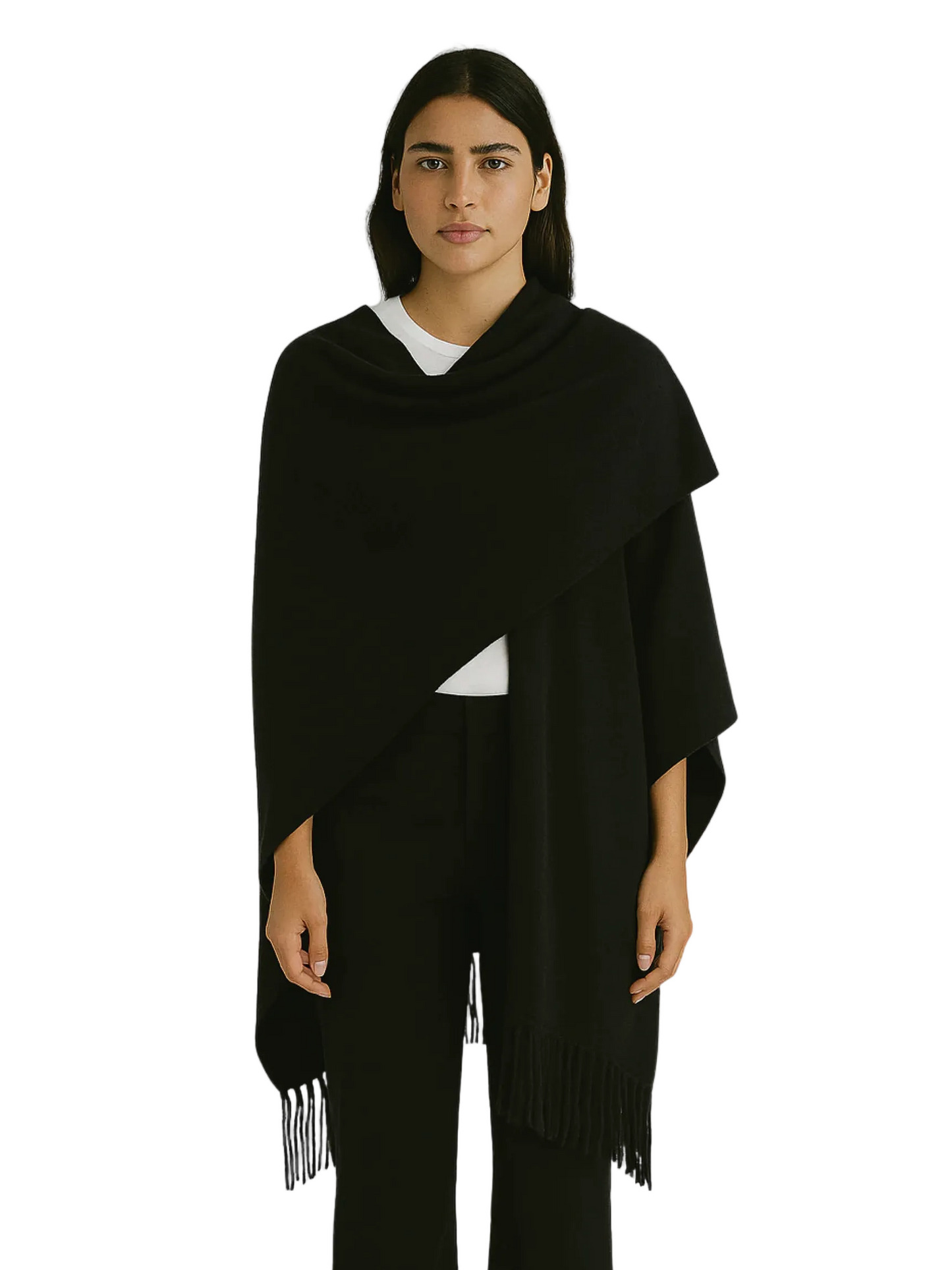 black poncho with fringe details