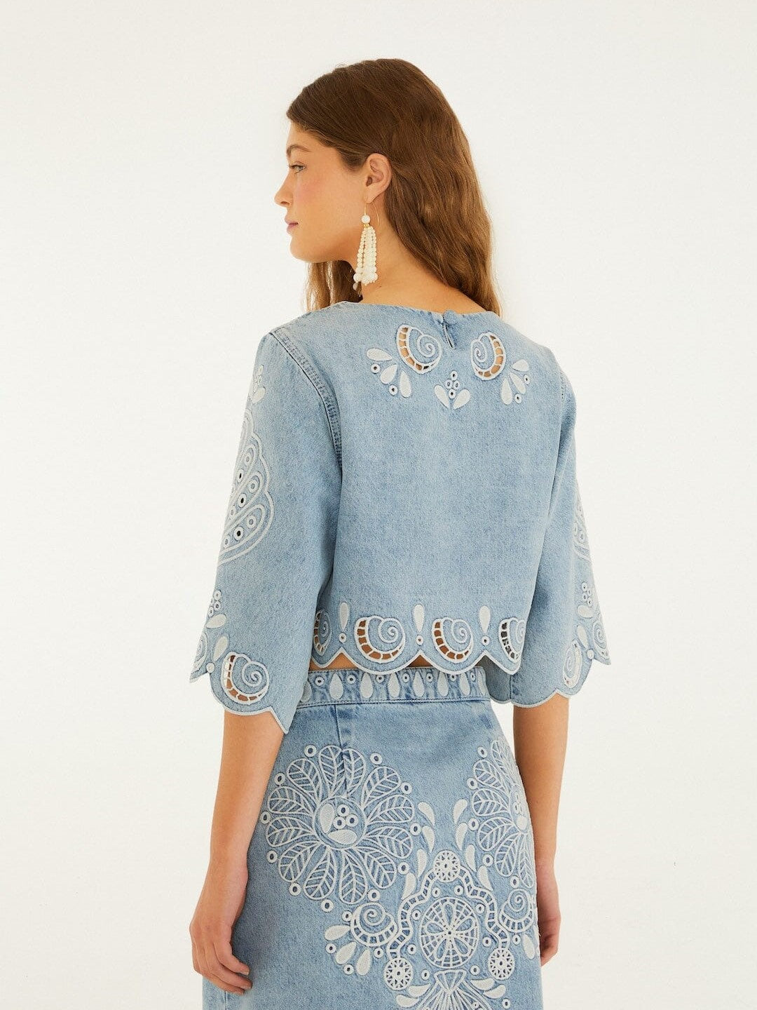 light embroidery cropped denim blouse farm rio