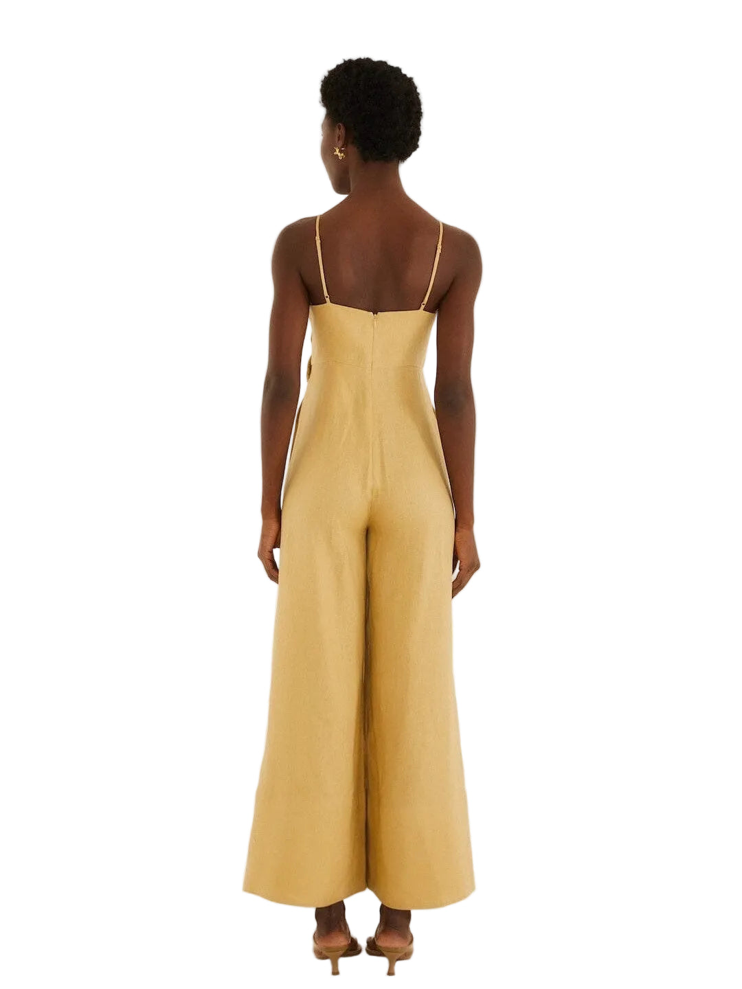 Sand linen jumpsuit with 3D floral appliqués