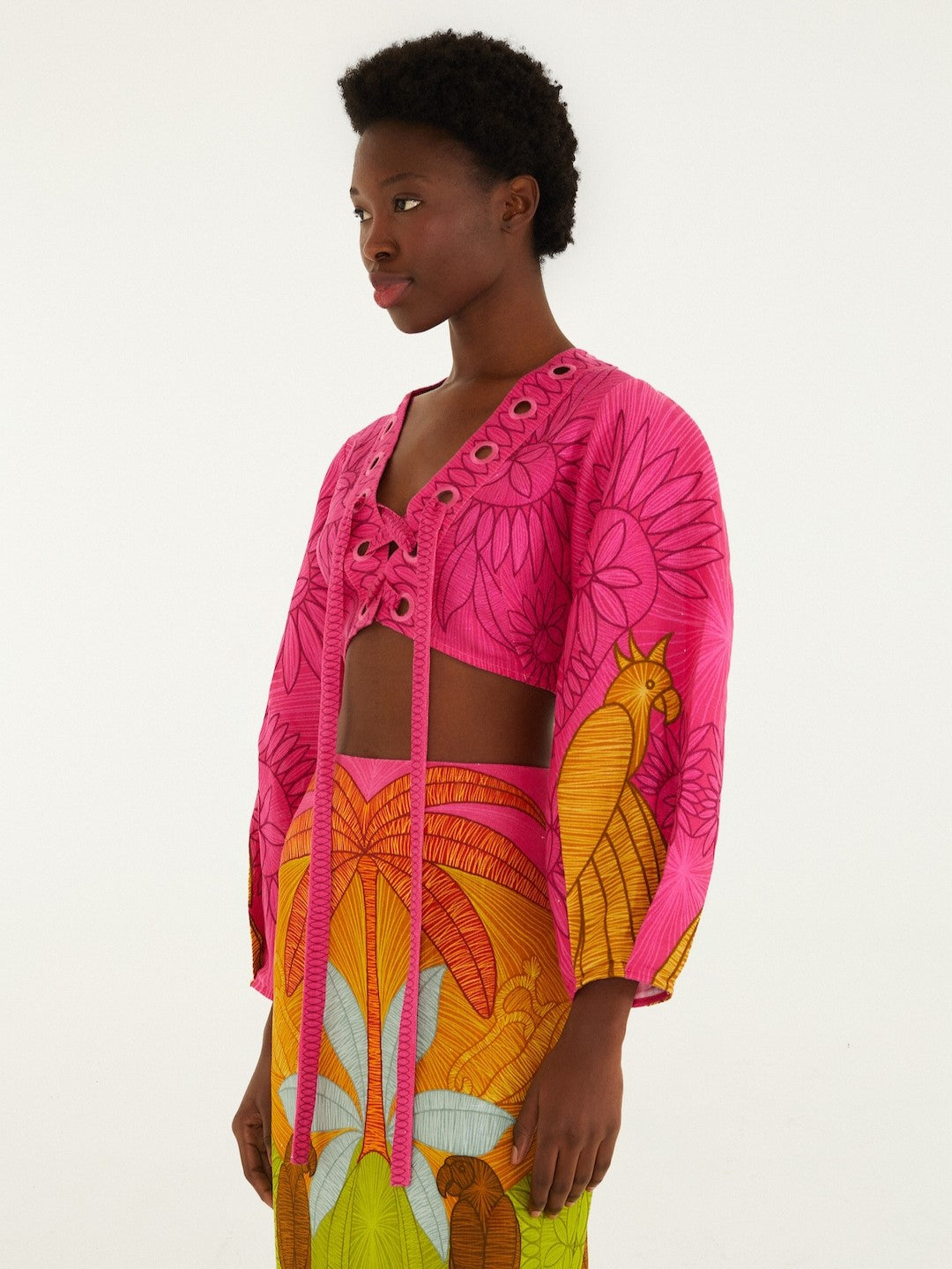 Bright Pink Embroidered Crop Blouse With Sleeves And V Neck By Farm Rio