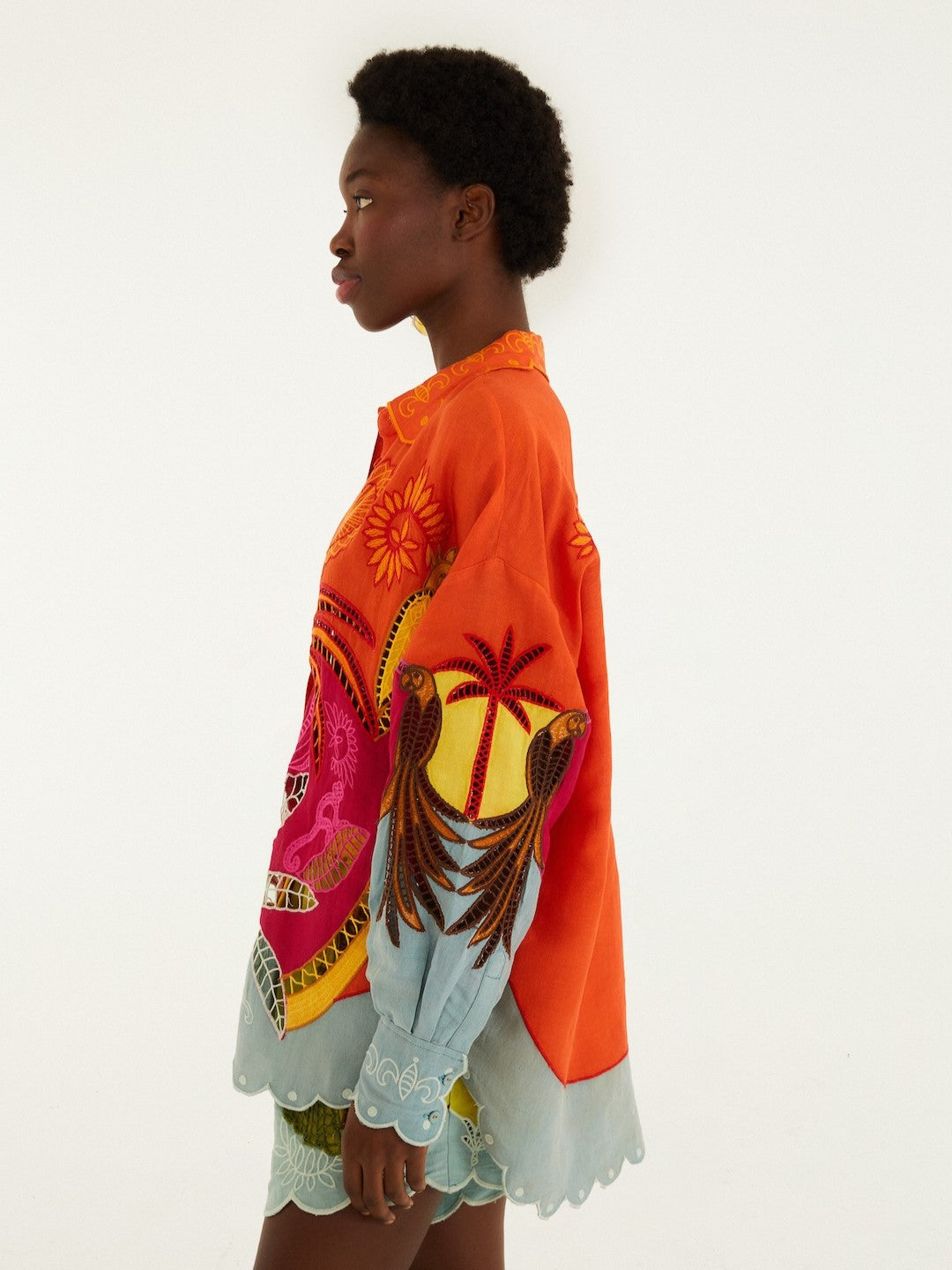 Patterned Shirt Orange Pink Colorful Design With Embroidery By Farm Rio