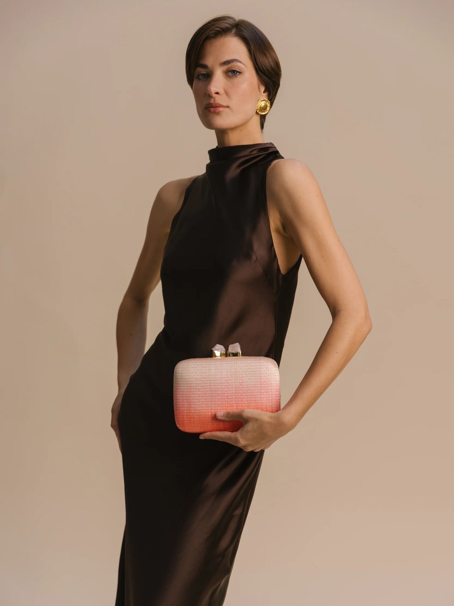pink ombre buntal fiber clutch with natural stones