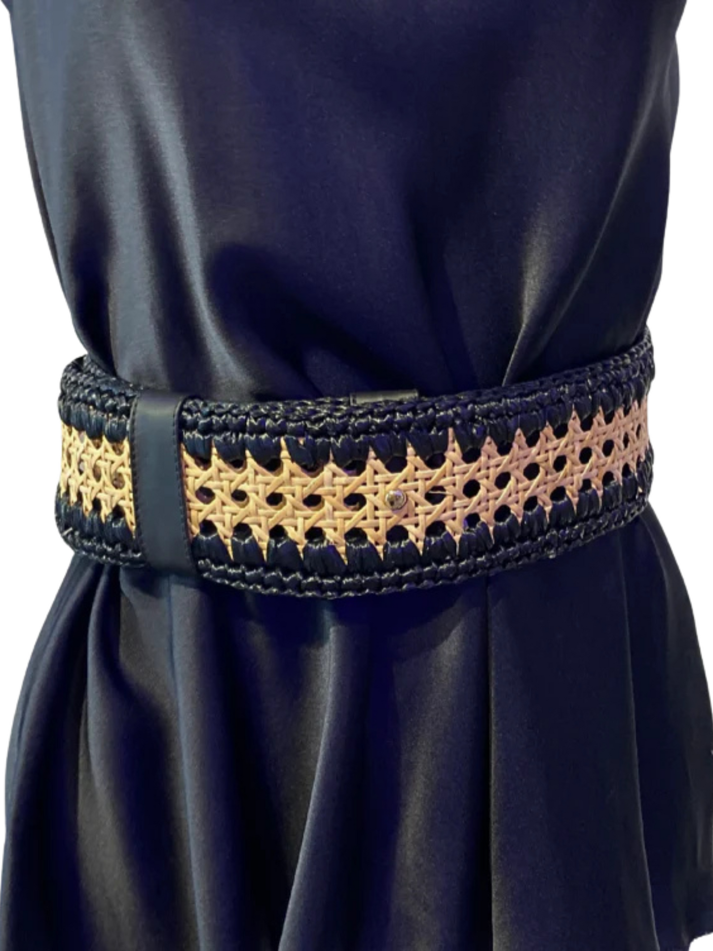 Black and beige woven belt with star pattern
