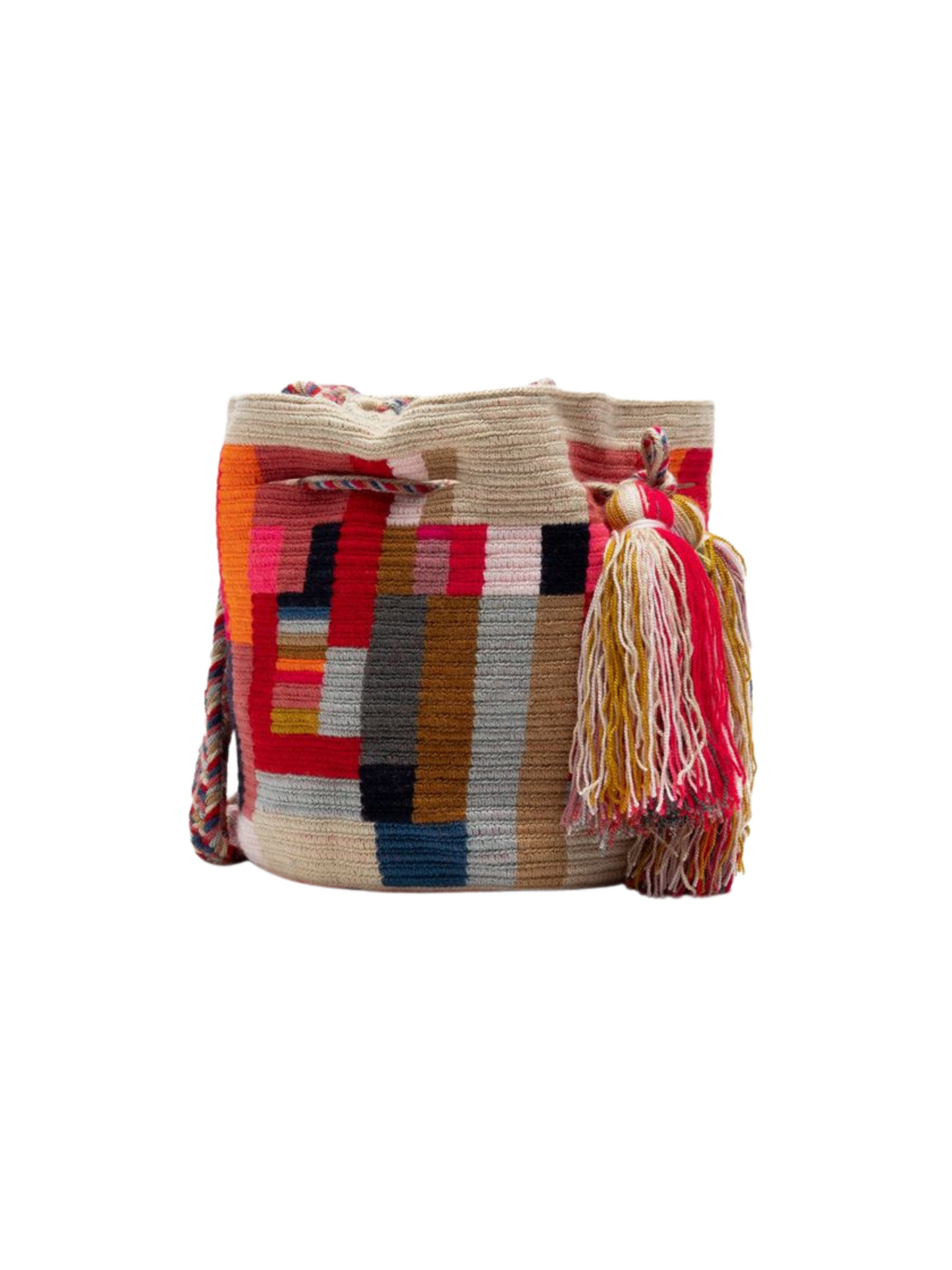 Colorful woven bag with geometric pattern and tassel