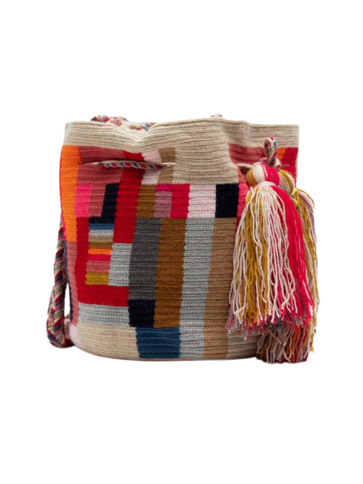 Colorful woven bag with geometric pattern and tassel