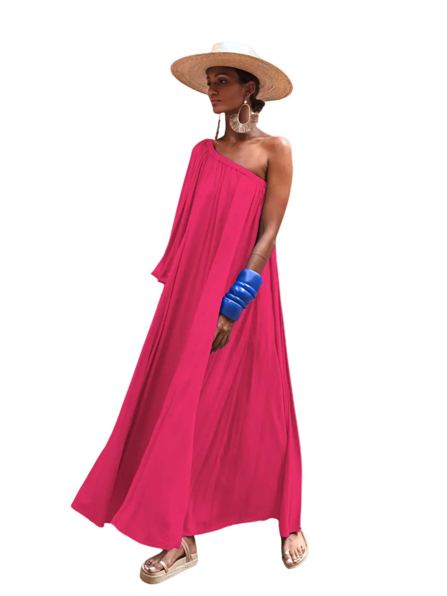 bright pink one-shoulder dress