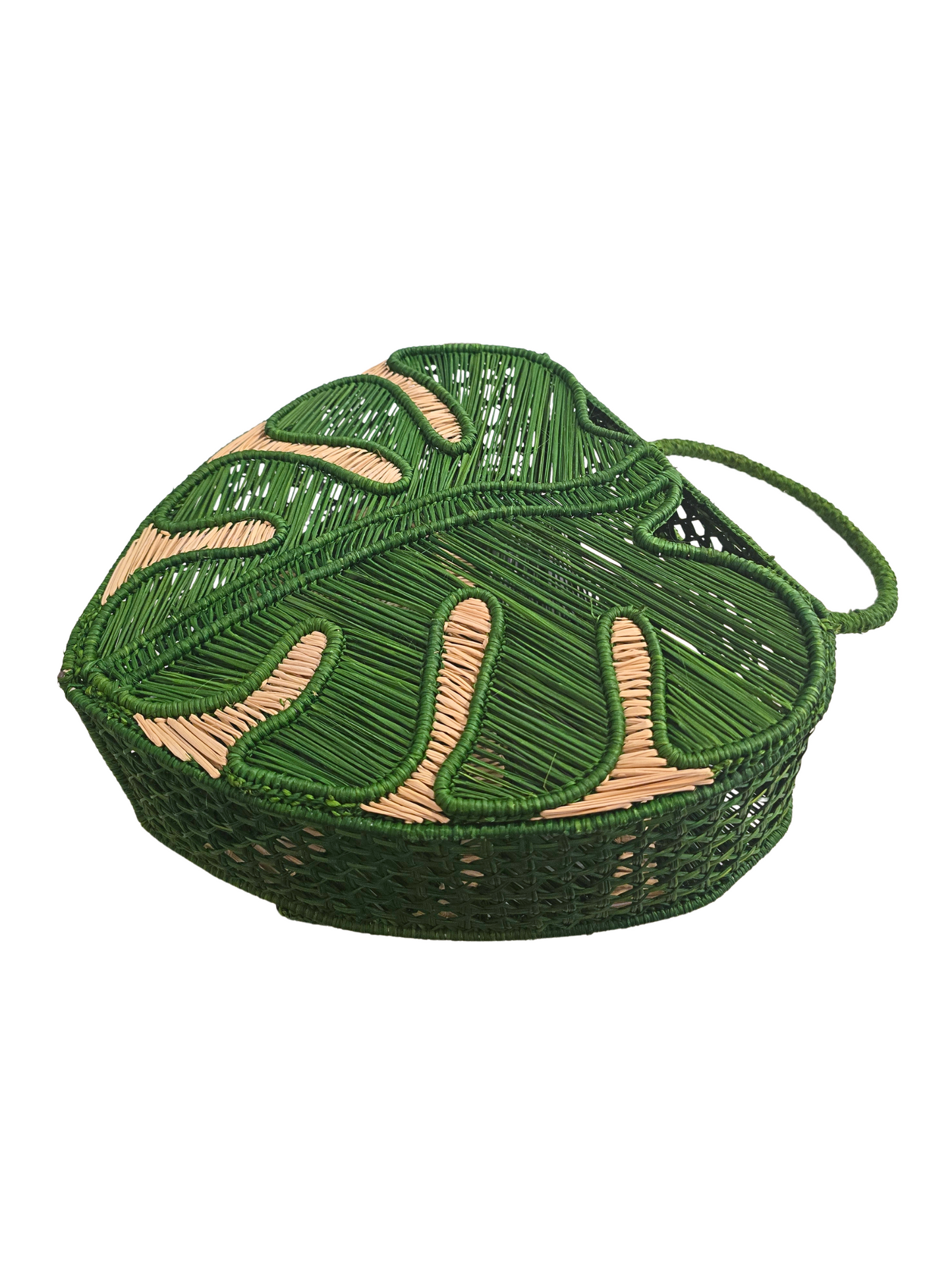 green woven handbag designed to look like a monstera leaf