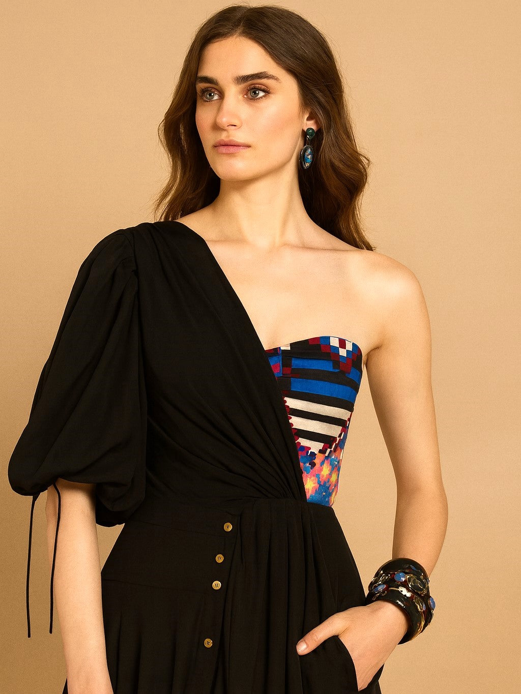 One-Shoulder Balloon Sleeve Bustier Top