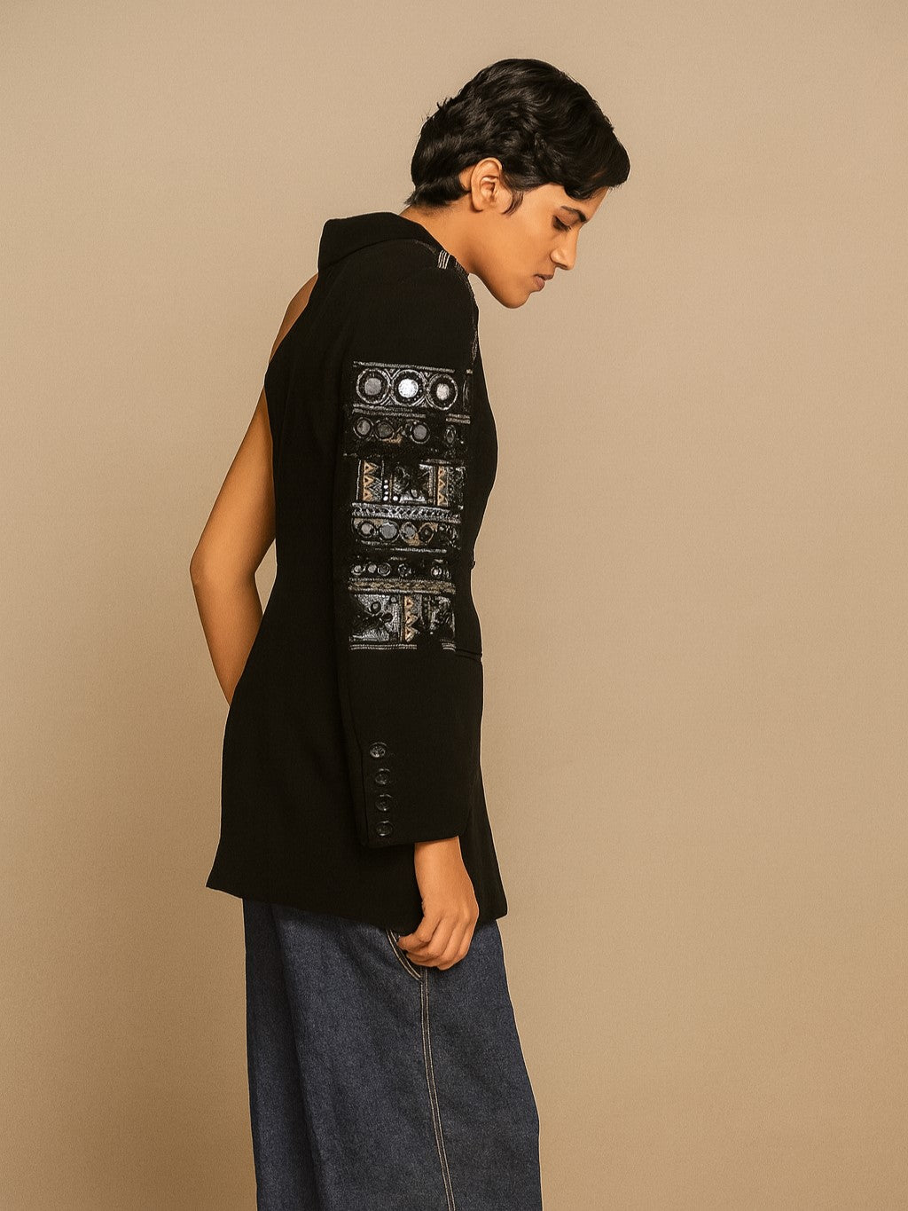One-Shoulder Hand-Embroidered Blazer with Mirror