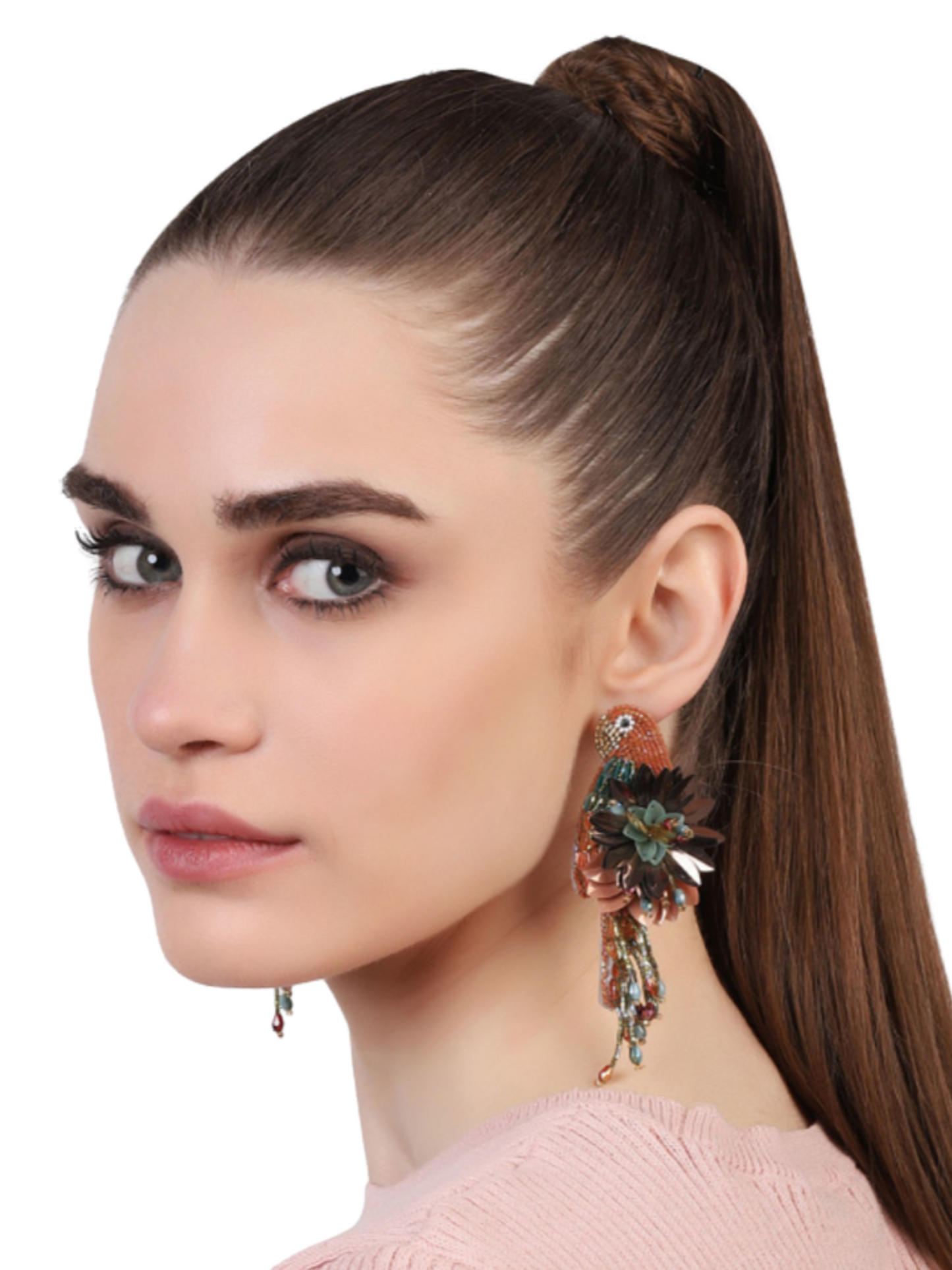 Pair of parrot earrings with floral designs and bead details