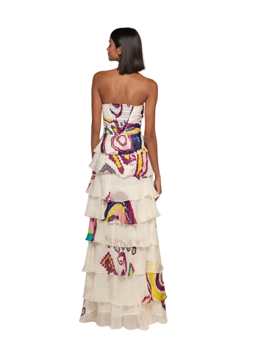 colorful, tiered strapless dress