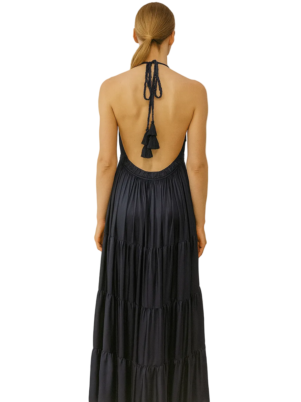 black tiered halter silk dress