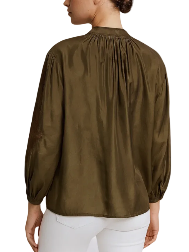 olive green silk blouse with long sleeves