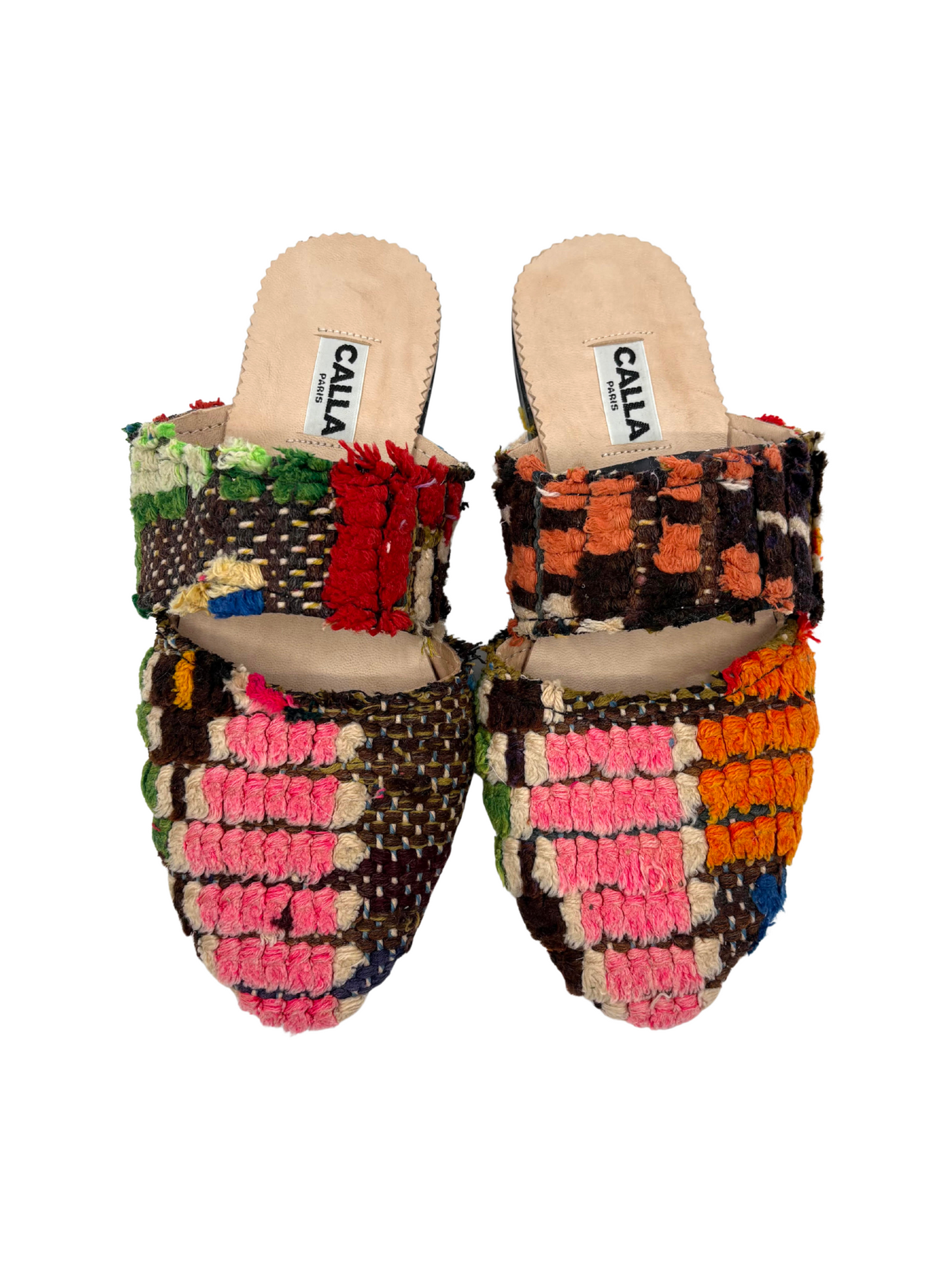 Pair of multicolored woven slippers made of rugs
