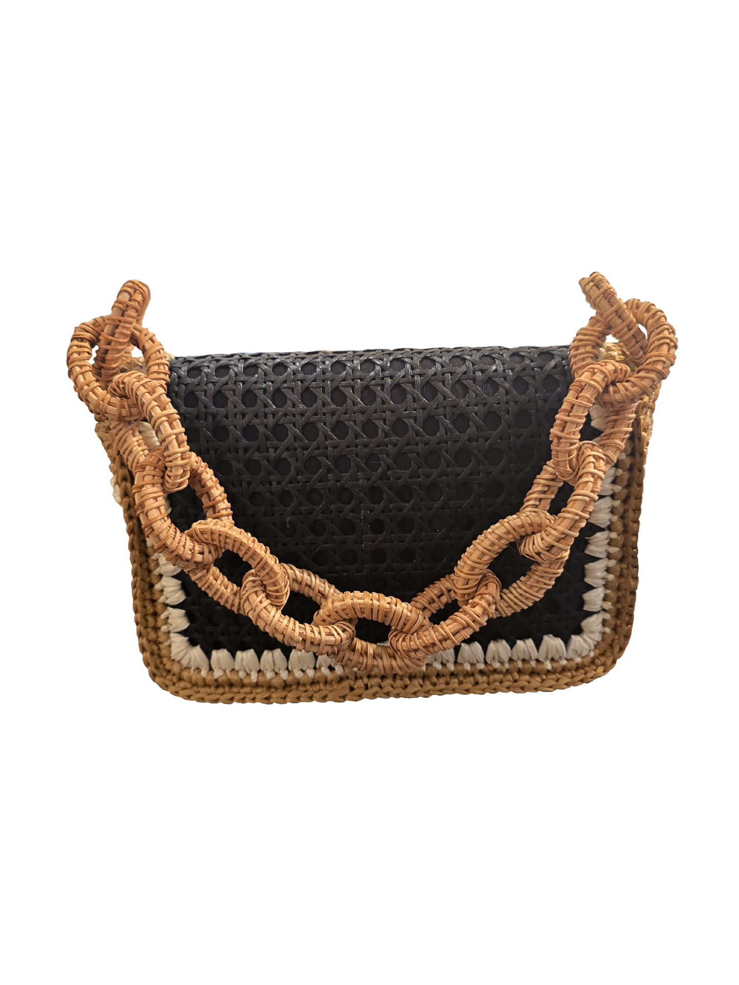 Black handbag with woven bamboo handle