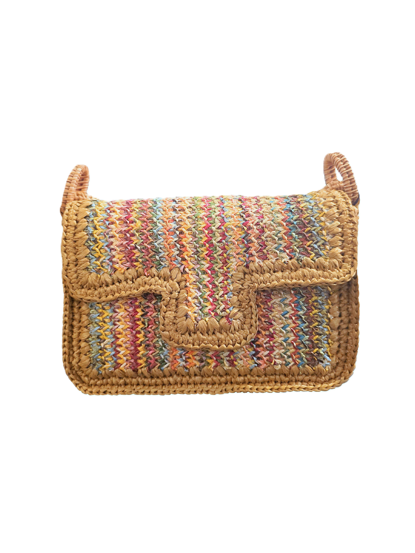 Woven handbag with multicolored pattern