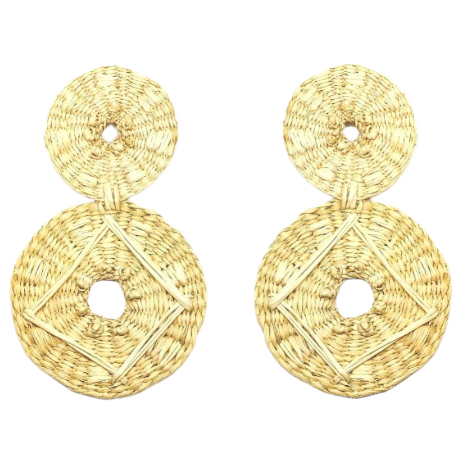 Large double disc raffia earrings with embroidered design