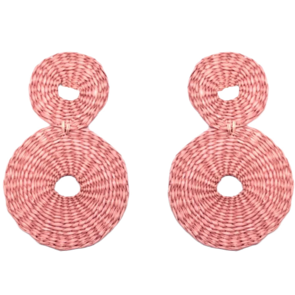 Large double disc raffia earrings with embroidered design
