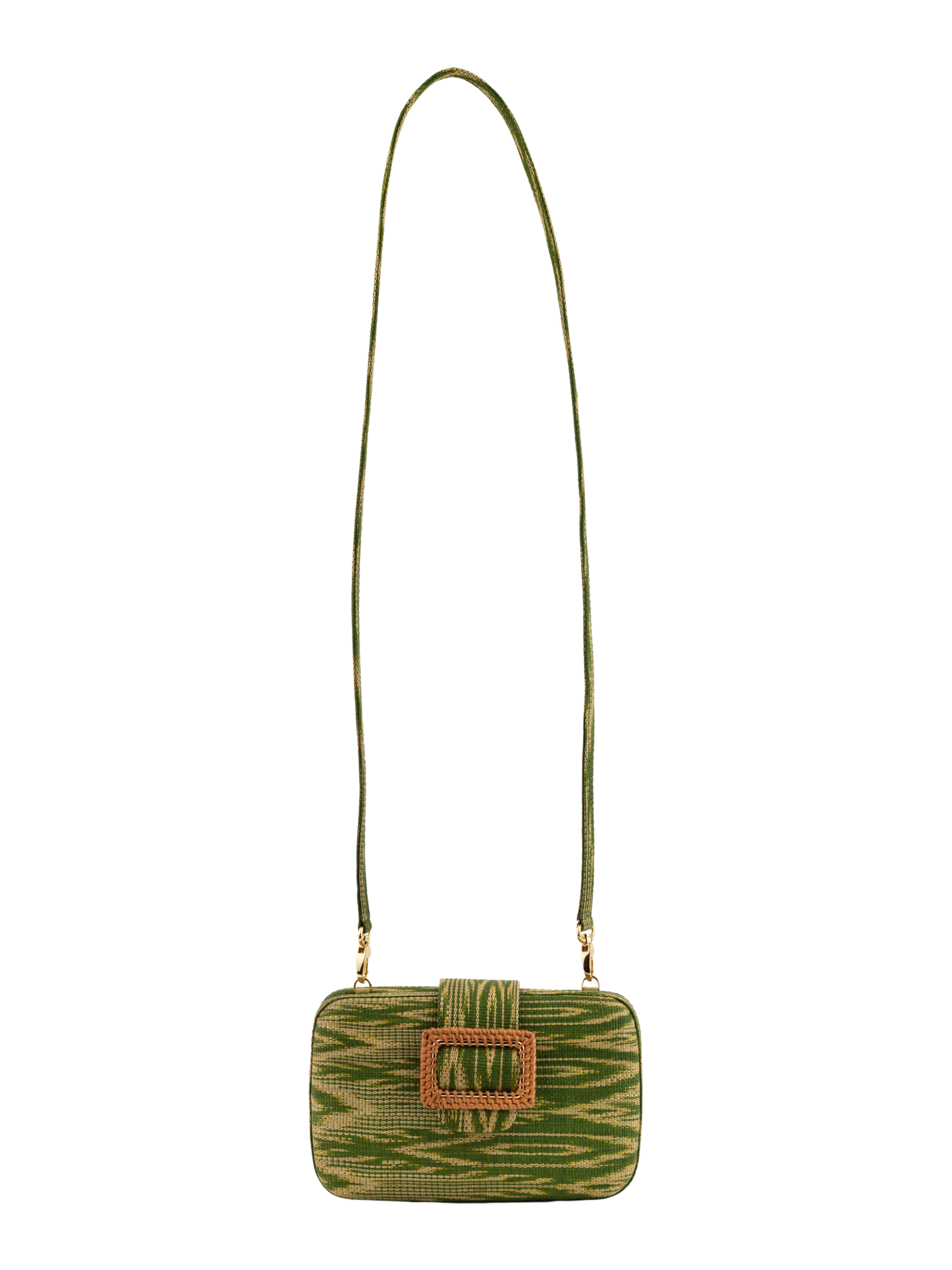 Green textured clutch with brown interior and decorative buckle