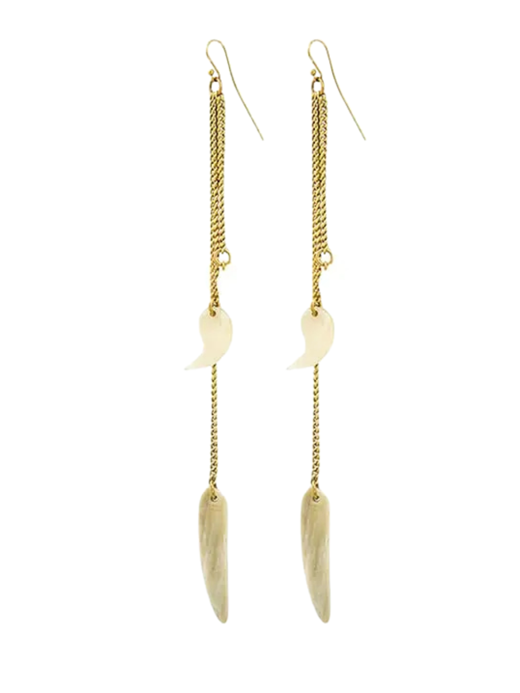 gold dangle earrings with a textured chain, a small white shell charm, and a larger tapered bone
