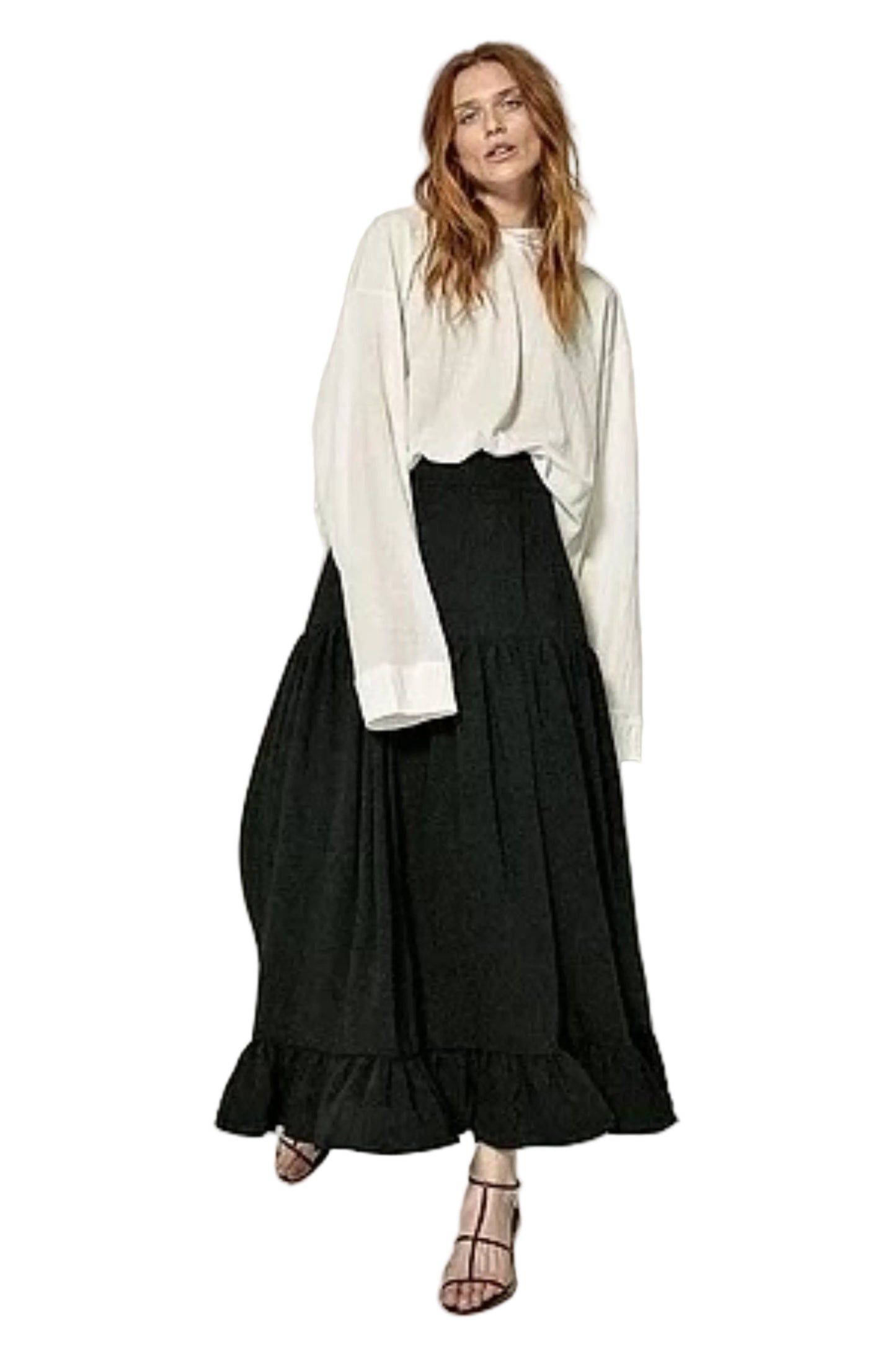 black flared skirt with a ruffled hem