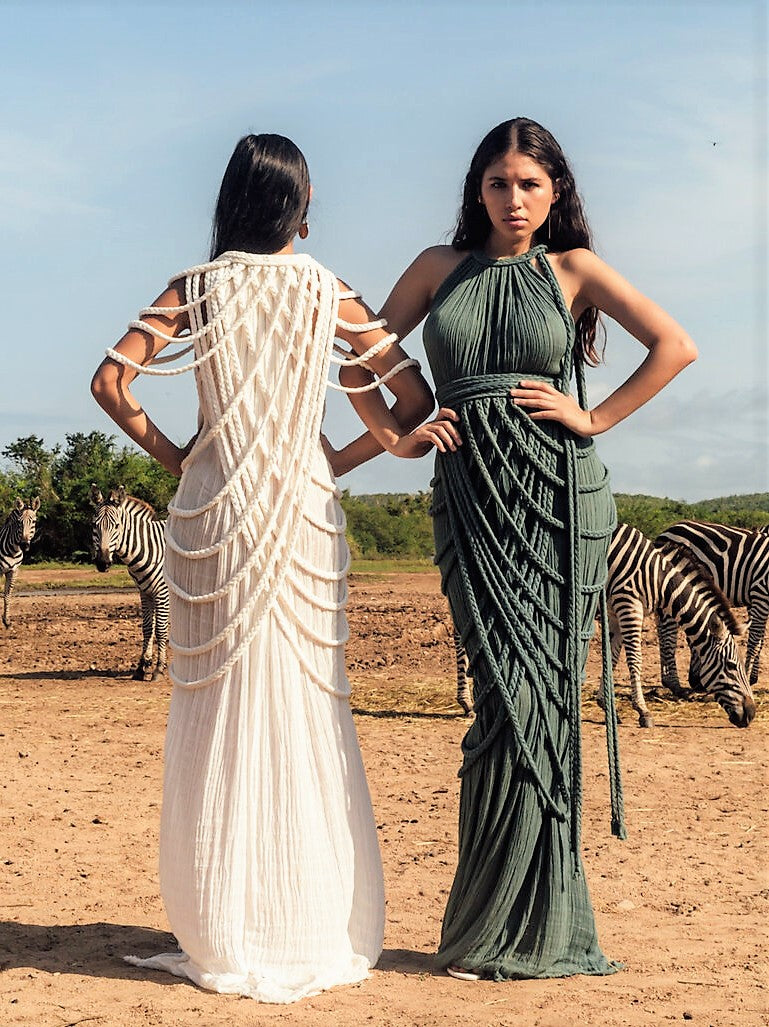 green halter neck dress with rope detail