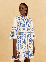 Load image into Gallery viewer, Blue and White Cross Stitch Mini Dress
