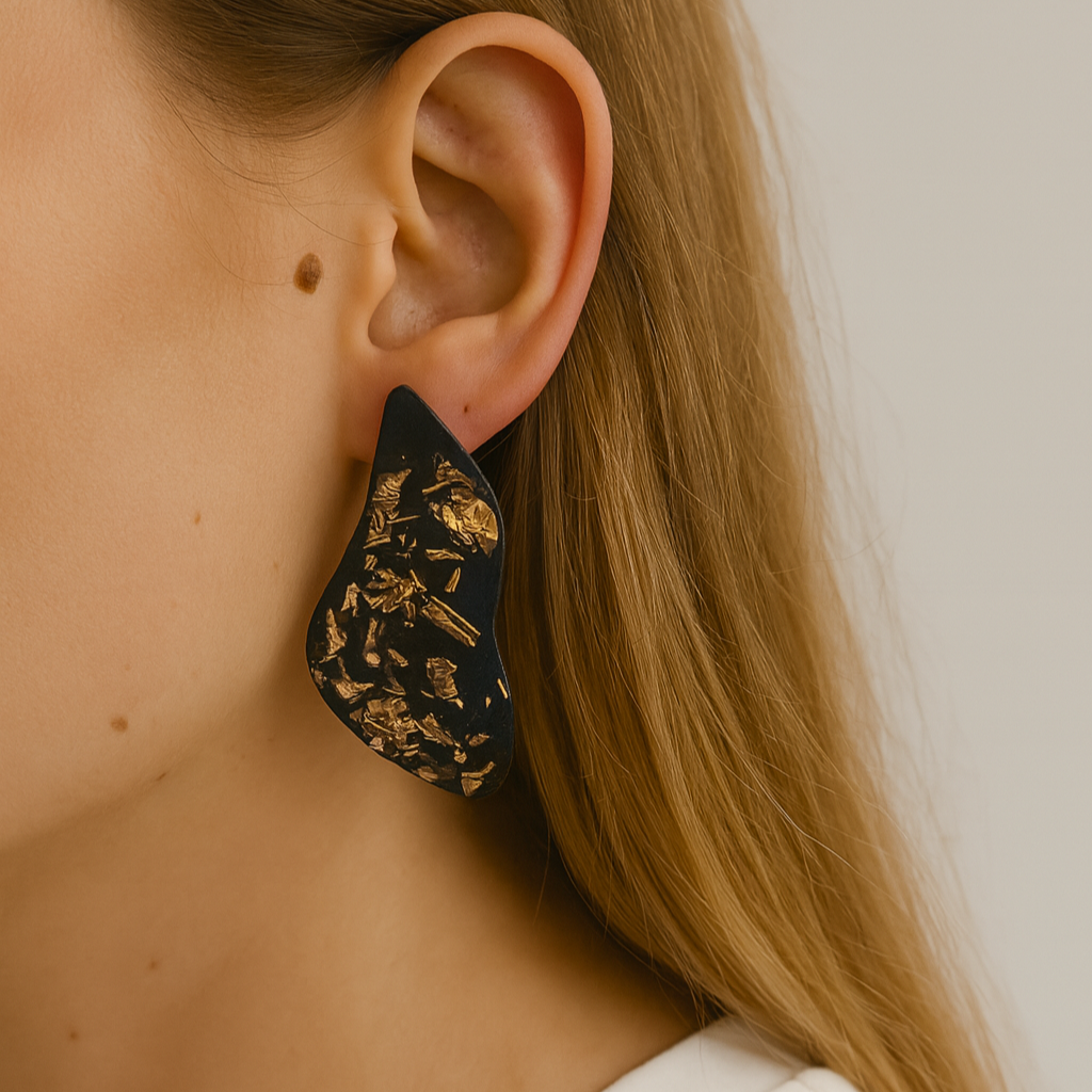 Small Black resin earrings with gold leaf