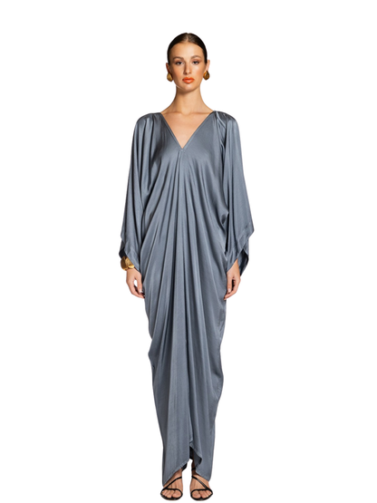 gray draped dress