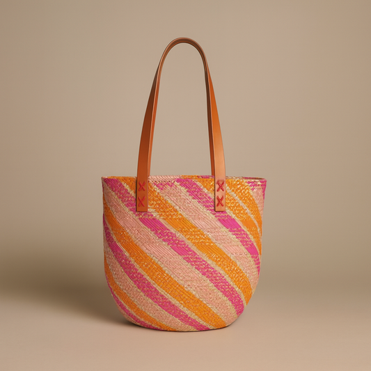 Artisanal Basket with leather in Fuchsia and Orange