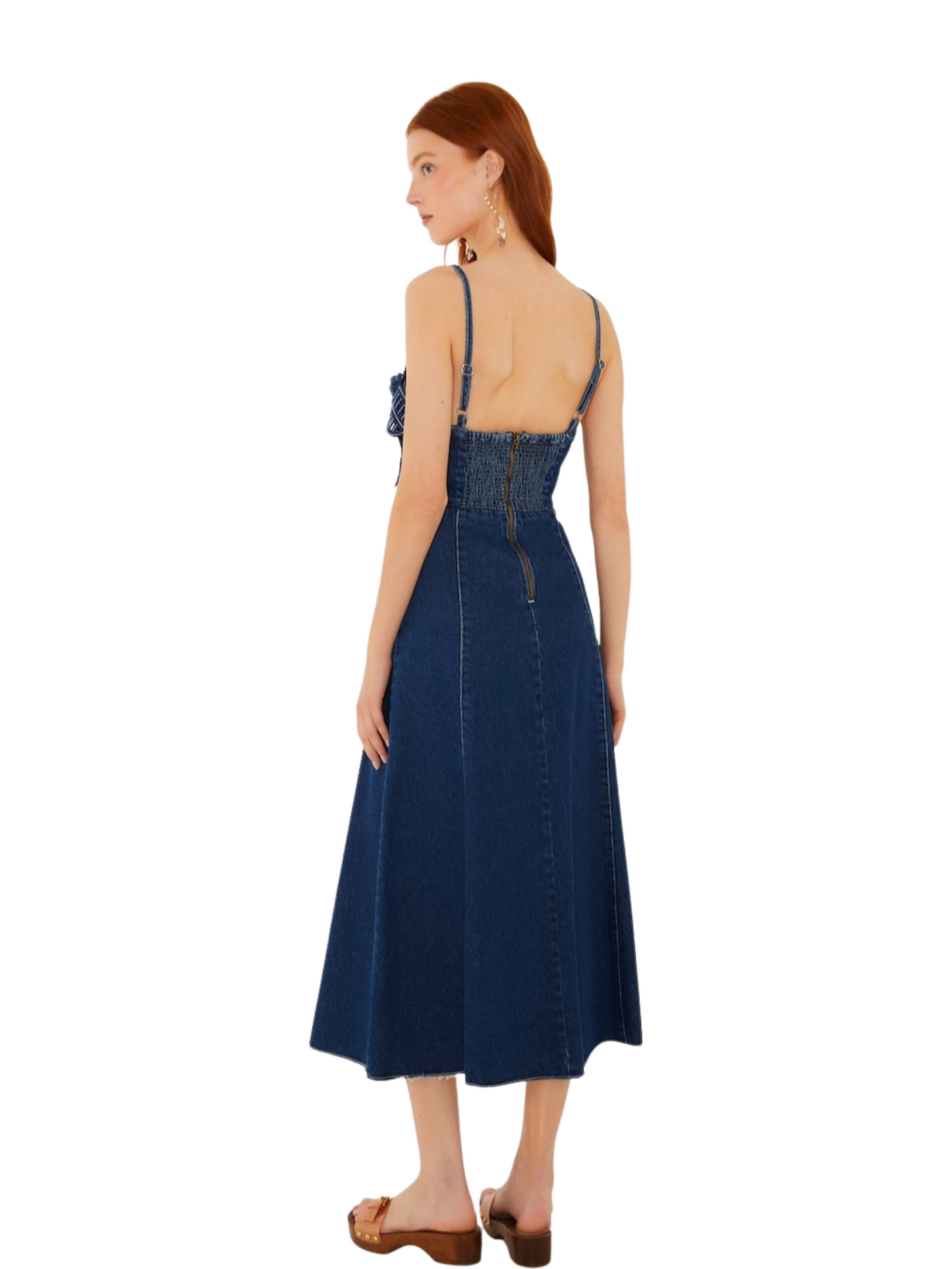  dark blue denim dress with large, 3D floral applique details on the bodice and thin shoulder straps