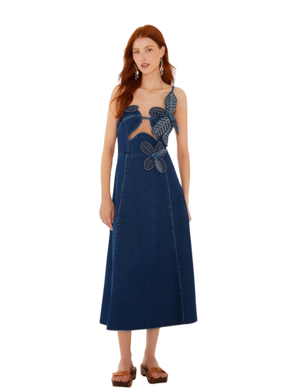  dark blue denim dress with large, 3D floral applique details on the bodice and thin shoulder straps