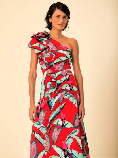 Red Summer Foliage One Shoulder Maxi Dress