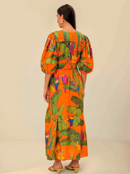 Orange Fresh Macaws Midi Dress