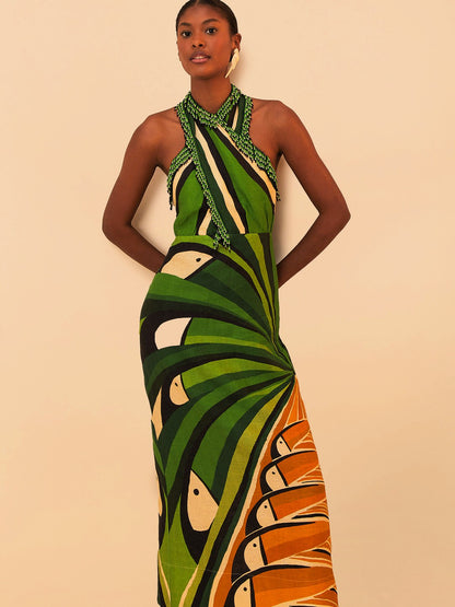 Green Toucan Tree  Maxi Dress