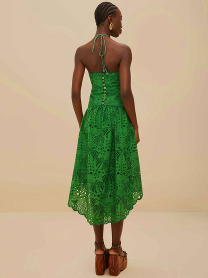 Green Palm Tree Eyelet Midi Dress