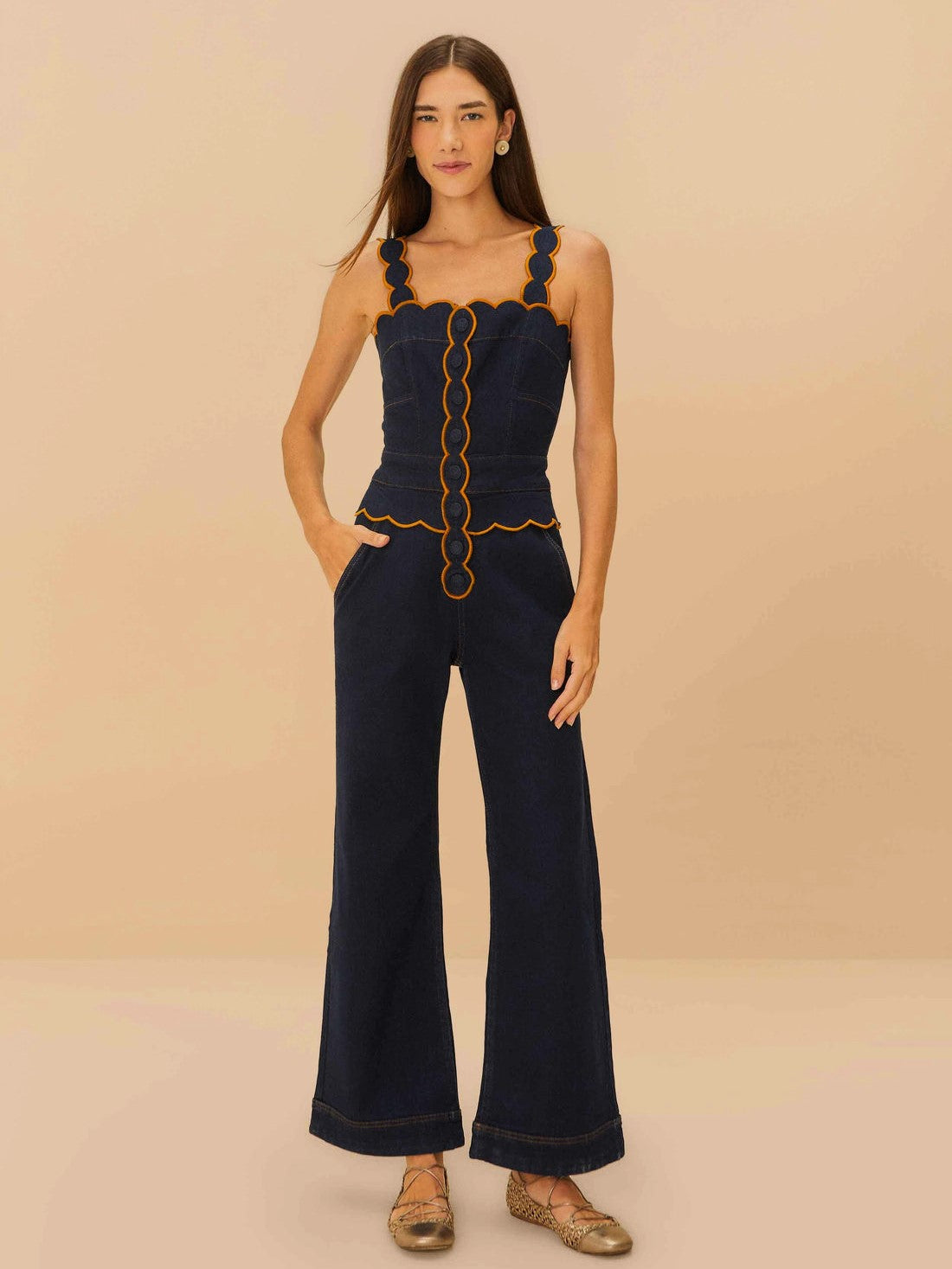 Dark Denim Wavy Trim Jumpsuit