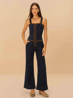 Load image into Gallery viewer, Dark Denim Wavy Trim Jumpsuit
