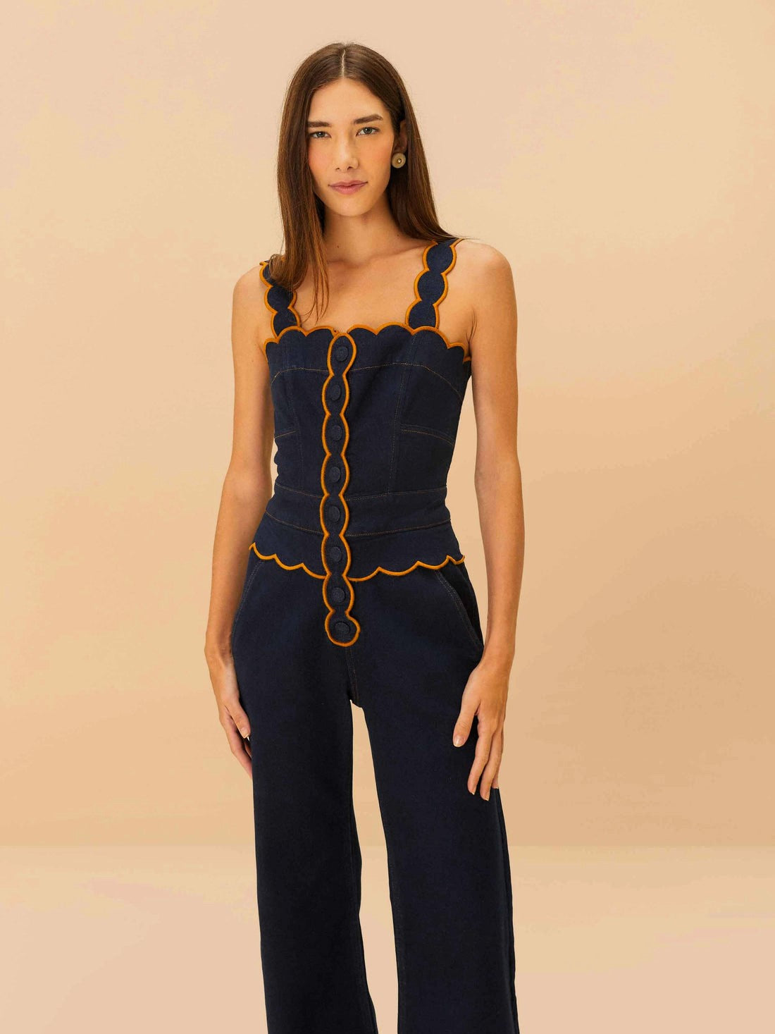 Dark Denim Wavy Trim Jumpsuit