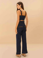 Load image into Gallery viewer, Dark Denim Wavy Trim Jumpsuit
