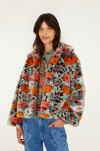 Farm Rio Floral Faux Fur Cropped Jacket
