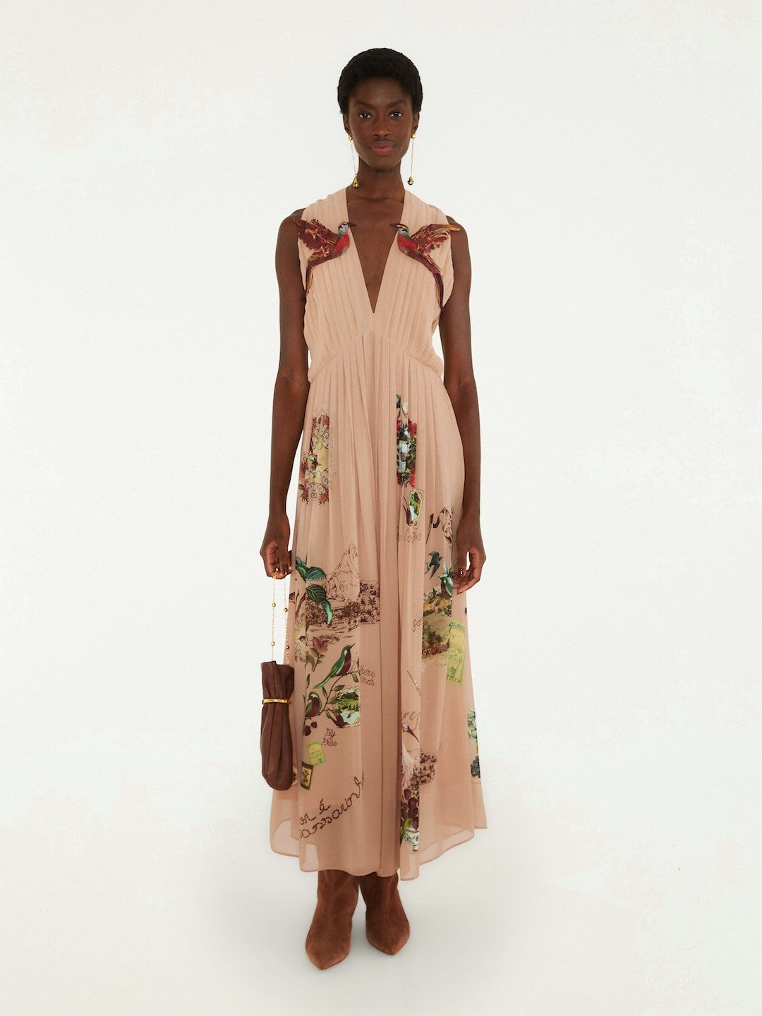Farm Rio Blush Silk Pleated Hummingbird Maxi Dress