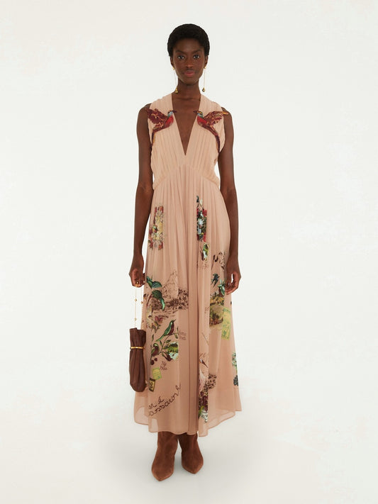 Farm Rio Blush Silk Pleated Hummingbird Maxi Dress