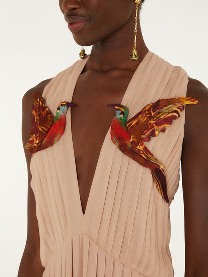 Farm Rio Blush Silk Pleated Hummingbird Maxi Dress
