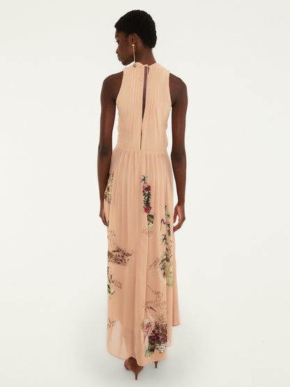 Farm Rio Blush Silk Pleated Hummingbird Maxi Dress
