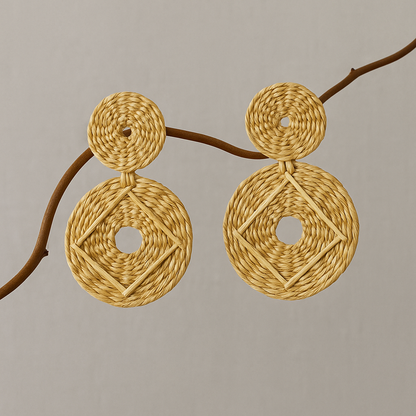 Large double disc raffia earrings with embroidered design